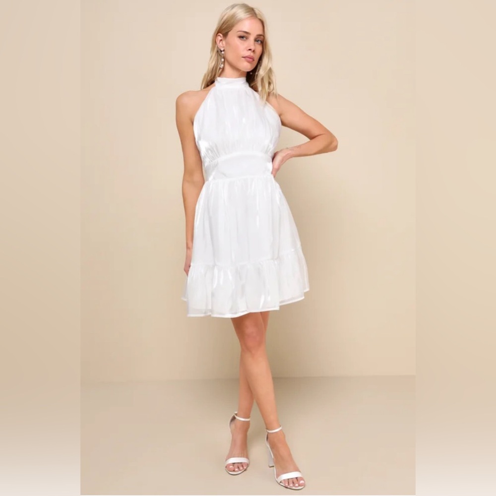 Shiny white halter mini dress